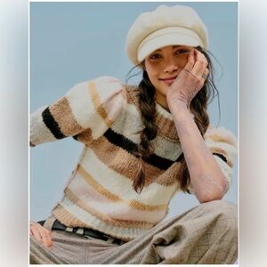 Free People Foxy Stripe Cream and Brown Crew Neck Pullover  Sweater Puff Sleeve